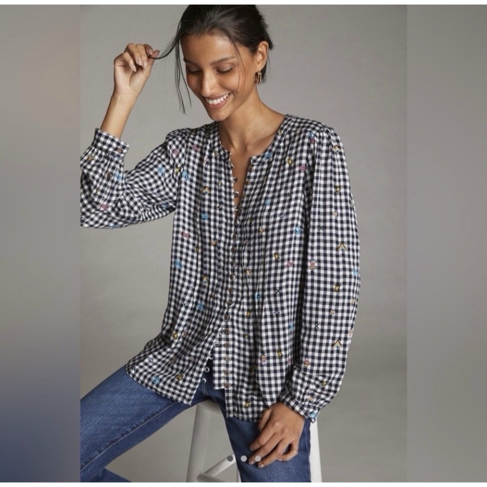Pilcro Colorful Embroidered Gingham Button Shirt Top Sz S Black White Whimsical